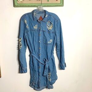 Signature long sleeve distress Rihanna denim shirt dress large mini women’s
